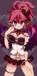  1girl bracelet breasts closed_mouth crown disgaea highres jewelry long_hair looking_at_viewer makai_senki_disgaea_5 mini_crown miniskirt pink_hair pointy_ears purple_eyes seraphina_(disgaea) simple_background skirt smile solo usamasuku 