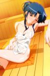  1girl areolae bangs blue_eyes blue_hair fujiwara_aya hand_on_own_thigh head_tilt indoors long_hair naked_towel non-web_source official_art photoshop_(medium) sauna shiny shiny_skin sitting solo super_real_mahjong tanaka_ryou towel wet 