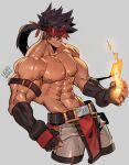  1boy abs armband artist_name bara bare_pectorals belt fire gloves guilty_gear guilty_gear_strive headband large_pectorals male_focus muscular muscular_male na_insoo navel nipples pants pectoral_cleavage pectorals smirk sol_badguy spiked_hair veins 