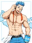  &gt;_o 1boy ;d abs absurdres animal_crossing artist_name bara belt belt_buckle black_belt blue_eyes blue_hair blue_pants buckle clothes_removed cup headphones highres holding holding_cup kuroshinki large_pectorals looking_at_viewer male_focus muscular muscular_male navel necktie nipples one_eye_closed open_mouth orville_(animal_crossing) pants pectorals personification shirt shirt_removed short_hair smile solo topless_male undone_necktie 