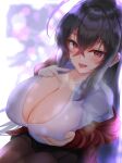  1girl absurdres azur_lane bangs black_hair black_skirt breasts brown_legwear cleavage crossed_bangs from_above hair_between_eyes highres huge_breasts jacket long_hair looking_at_viewer looking_up miniskirt open_clothes open_jacket open_mouth pantyhose partially_unbuttoned red_eyes red_jacket sano_sho shirt simple_background skirt solo taihou_(azur_lane) teeth upper_teeth very_long_hair white_shirt wing_collar 