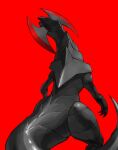  alternate_color black_sclera claws colored_sclera commentary_request futena_goze haxorus highres looking_back open_mouth pokemon red_background red_eyes sharp_teeth shiny_pokemon simple_background teeth tongue 