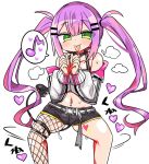  1girl :p demon_tail earrings green_eyes heart heavy_breathing hololive jacket jewelry kanikama motion_lines musical_note navel_piercing piercing purple_hair shorts single_thighhigh spoken_musical_note tail thighhighs tokoyami_towa tongue tongue_out twintails virtual_youtuber 
