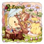  1girl blonde_hair blue_eyes bottle bow dress flower hair_brush head_wreath hedgehog minigirl mirror mokarooru open_mouth original perfume_bottle smile tree_stump 