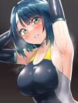  1girl armpits black_background black_gloves black_legwear black_swimsuit blue_hair blush breasts cleavage clenched_teeth collarbone commentary_request competition_swimsuit elbow_gloves embarrassed eyebrows_visible_through_hair fukami_nana gloves green_eyes hair_flaps highres large_breasts looking_at_viewer nawoto_oota one-piece_swimsuit open_mouth original presenting_armpit short_hair signature simple_background solo swimsuit teeth upper_body 