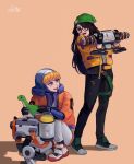  2girls apex_legends arc4na beanie black_footwear black_hair black_pants blue_bodysuit blue_headwear bodysuit brown_eyes crossover glasses green_headwear hair_over_one_eye hat holding holding_stuffed_toy hood hooded_jacket jacket killjoy_(valorant) long_hair multiple_girls nessie_(respawn) one_eye_covered one_knee orange_jacket pants ribbed_bodysuit smile stuffed_toy thigh_strap torn_clothes torn_pants trait_connection valorant wattson_(apex_legends) white_bodysuit white_footwear yellow_jacket 