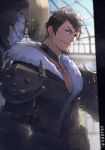  1boy ardbert_(ff14) armor beard blue_eyes brown_hair facial_hair final_fantasy final_fantasy_xiv hyur leather_armor looking_at_viewer male_focus metal_gloves muscular muscular_male short_hair solo stubble upper_body warrior_(final_fantasy) yuzukarin 