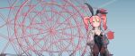  1girl absurdres animal_ears arms_at_sides black_leotard breasts covered_navel english_commentary fake_animal_ears ferris_wheel from_below green_eyes highres leotard original pantyhose pink_hair playboy_bunny rabbit_ears saaal653 see-through_sleeves shrug_(clothing) small_breasts solo thighhighs twintails 