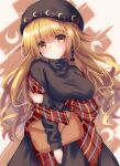  1girl adapted_costume arm_under_breasts bag bangs black_sweater blonde_hair blush breasts closed_mouth cowboy_shot drop_earrings earrings hair_between_eyes handbag hat highres jewelry junko_(touhou) large_breasts long_hair long_sleeves looking_at_viewer orange_eyes plaid plaid_scarf scarf simple_background smile solo sweater touhou unory very_long_hair white_background 