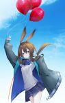  0_(znanimo) 1girl amiya_(arknights) animal_ear_fluff animal_ears arknights balloon bangs black_jacket blue_eyes blue_neckwear blue_skirt blue_sky brown_hair cloud commentary day eyebrows_visible_through_hair hair_between_eyes highres jacket long_hair long_sleeves low_ponytail open_clothes open_jacket outdoors pleated_skirt ponytail puffy_long_sleeves puffy_sleeves rabbit_ears shirt skirt sky sleeves_past_wrists solo symbol-only_commentary very_long_hair white_shirt 