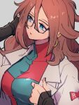  1girl android_21 blue_eyes breasts dragon_ball dragon_ball_fighterz earrings glasses grey_background hair_between_eyes hoop_earrings jewelry kemachiku labcoat long_hair looking_to_the_side medium_breasts red_hair red_ribbon_army simple_background solo upper_body 