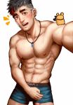  1boy abs bara black_hair blush facial_hair gem greenteaa highres jewelry large_pectorals looking_at_viewer male_focus male_underwear mature_male muscular muscular_male navel_hair necklace nipples original pectorals scar scar_on_face solo spiked_hair surprised thick_eyebrows topless_male underwear yellow_eyes 