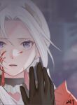  1girl black_gloves blood blood_on_face commentary da-cart edelgard_von_hresvelg fire_emblem fire_emblem:_three_houses fire_emblem_warriors:_three_hopes forehead gloves highres looking_at_viewer mirror parted_lips portrait purple_eyes short_hair silver_hair solo 