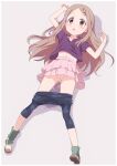  1girl aoba_kokona blush brown_hair commentary_request hayyan highres leggings_pull long_hair lying on_back open_mouth peeing peeing_self pink_skirt purple_shirt shirt shoes short_sleeves simple_background skirt solo yama_no_susume 
