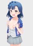  1girl areolae blue_hair blush breasts breasts_out collarbone commentary_request cowboy_shot hayyan highres idolmaster idolmaster_million_live! looking_at_viewer nanao_yuriko nipples open_clothes open_mouth open_shirt simple_background skirt small_breasts solo yellow_eyes 