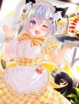  1girl ;d animal_ear_fluff animal_ears apron bangs blush breasts cat_ears cat_girl cat_tail commentary_request dress eyebrows_visible_through_hair fang food food-themed_hair_ornament food_on_face frilled_apron frills hair_between_eyes hair_ornament hairclip hands_up highres holding holding_tray large_breasts looking_at_viewer maid_headdress one_eye_closed ooji_cha original oziko_(ooji_cha) parfait paw_hair_ornament plaid plaid_dress puffy_short_sleeves puffy_sleeves purple_eyes shirt short_sleeves silver_hair smile solo strawberry_hair_ornament tail tray waist_apron waitress white_apron white_shirt wrist_cuffs yellow_dress 