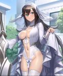  1girl absurdres astrid_(evertale) blue_eyes blush breasts bridal_veil bride brown_hair cuboon evertale full_body highres large_breasts long_hair looking_at_viewer navel open_clothes sideboob solo thighs veil white_legwear 