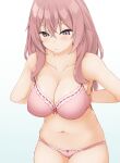  1girl arms_behind_back bangs bare_arms bare_shoulders blush bow bow_bra bow_panties bra breasts brown_eyes cleavage closed_mouth collarbone commentary_request eyebrows_visible_through_hair hair_between_eyes hinata_masaki inui_shinju large_breasts long_hair navel panties pink_bra pink_hair pink_panties ribbon-trimmed_bra ribbon-trimmed_panties simple_background solo sono_bisque_doll_wa_koi_wo_suru underwear underwear_only white_background 