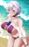  1girl azur_lane bare_shoulders beach bikini blush breasts choker cleavage collarbone ear_piercing feet_out_of_frame from_above highres kneeling large_breasts looking_at_viewer ocean official_alternate_costume parted_lips piercing purple_bikini purple_choker purple_hair reno_(azur_lane) reno_(summer_spin-off)_(azur_lane) revision rinrin_(user_tvcf4347) sand sandals short_hair shrug_(clothing) solo spaghetti_strap swimsuit water white_sleeves wristband 