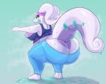  abstract_background accessory anthro arms_out bent_legs big_breasts big_butt bottomwear breasts butt butt_cleavage chubby_female clothing crouching curvy_figure exercise fawxythings female goodra headband huge_butt nintendo overweight overweight_female pants pok&eacute;mon pok&eacute;mon_(species) solo video_games voluptuous wasabi_(aimbot-jones) 
