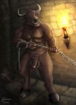  absurd_res anthro bovid bovine brown_body brown_fur cattle chain cloven_hooves dungeon european_mythology fur greek_mythology hi_res hooves horn humanoid_genitalia male male/male mammal minotaur mythology red_eyes solo stone_wall teeth torch wall_(structure) yenocwolf 