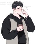  1boy artist_name black_hair blush brown_eyes cafe cold finger_to_face jacket male_focus mongz one_eye_closed original sleepy solo spiked_hair sweater text_focus thick_eyebrows 