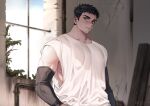  1boy artist_name bara beard biceps black_hair blue_eyes building facial_hair gloves highres looking_at_viewer male_focus mature_male mongz muscular muscular_male original pipe solo spiked_hair tank_top text_focus thick_eyebrows window 