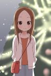  1girl absurdres bag brown_eyes brown_hair closed_mouth forehead highres jacket karakai_jouzu_no_takagi-san long_sleeves looking_at_viewer smile solo takagi-san white_jacket yamamoto_souichirou 