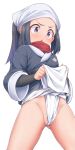  1girl akari_(pokemon) ass ass_visible_through_thighs black_hair black_undershirt fundoshi fundoshi_lift galaxy_expedition_team_survey_corps_uniform head_scarf highres japanese_clothes kanabun long_hair looking_at_viewer open_mouth pokemon pokemon_(game) pokemon_legends:_arceus ponytail red_scarf scarf simple_background solo sweat thighs undershirt white_background white_headwear 