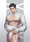  1boy abs bara black_hair blush closed_mouth covered_nipples highres large_pectorals loincloth male_focus muscular muscular_male original pectorals scar scar_on_hand short_hair shrug_(clothing) sideburns solo ssong-ga thick_thighs thighs twitter_username 