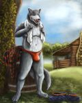  4:5 absurd_res anthro bottomwear bulge cabin canid canine canis clothing denim denim_clothing hi_res ivy_(plant) jeans male male/male mammal pants river solo towel wolf wood_barrel yenoc yenocwolf 