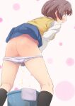  1girl ass black_legwear blush brown_hair clothes_lift commentary_request eyebrows_visible_through_hair hayyan highres open_mouth original panties panty_pull pee_stain peeing peeing_self school_uniform short_hair simple_background skirt skirt_lift socks solo standing underwear 