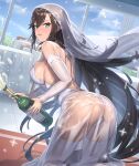  1girl absurdres ass astrid_(evertale) bare_shoulders blue_eyes blush breasts bridal_veil bride brown_hair champagne_flute cuboon cup drinking_glass embarrassed evertale full_body highres large_breasts long_hair looking_at_viewer see-through solo veil 