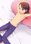  1girl areolae bangs blush brown_hair commentary_request flat_chest hayyan highres navel nipples on_bed original pants pee_stain peeing peeing_self solo topless 