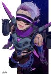  1girl air_orchid_valkyrie apex_legends arc4na arm_tattoo armor artist_name black_pants elbow_gloves gloves hair_slicked_back headset jetpack mouth_piercing official_alternate_costume pants purple_gloves purple_hair purple_scarf scarf short_hair signature solo space tattoo thigh_strap valkyrie_(apex_legends) 