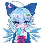  1girl ahoge artist_name bangs bear_hair_ornament blue_bow blue_eyes blue_hair blue_shirt blush bow bowtie cirno closed_mouth collared_shirt commentary_request cream eyebrows_visible_through_hair eyes_visible_through_hair food hair_between_eyes hair_bow hair_ornament hairpin hand_up highres ice ice_cream ice_wings juliet_sleeves long_sleeves looking_at_viewer pink_bow pink_bowtie puffy_sleeves renakobonb shirt short_hair simple_background smile star_(symbol) star_hair_ornament tongue tongue_out touhou upper_body white_background wings 