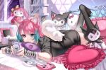  1girl animal animal_ear_fluff animal_ears animal_on_back bangs black_legwear blue_eyes blue_hair blush cat cat_ears cd cellphone closed_mouth controller copyright_request full_body game_controller heart heart_pillow highres holding holding_phone indie_virtual_youtuber looking_at_phone lying multicolored_hair no_shoes on_bed on_stomach phone pillow pink_eyes pink_hair rafilia_(vtuber) ringeko-chan smartphone solo stuffed_animal stuffed_toy the_pose thighhighs two-tone_hair 