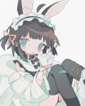  1girl :o ahoge animal_collar animal_ear_fluff animal_ears aqua_eyes bandaid bandaid_on_knee bandaid_on_leg bangs bare_shoulders black_bow black_collar black_hair black_hairband black_legwear blue_eyes blunt_bangs blurry bound bound_wrists bow bow_panties buckle clenched_hands clothes_down coat collar daizu_(melon-lemon) depth_of_field detached_ahoge entangled extra_ears eyes_visible_through_hair fake_animal_ears feet_out_of_frame film_grain frilled_hairband frills from_side furrowed_brow gloves gradient_eyes hair_ribbon hairband hands_up heart heart_in_eye jump_rope knees_together_feet_apart knees_up labcoat lolita_hairband long_sleeves looking_at_viewer looking_to_the_side multicolored_eyes muted_color nervous no_nose open_clothes open_coat original own_hands_together panties panties_around_one_leg panties_removed parted_lips pink_bow pink_ribbon rabbit_ears ribbon short_hair simple_background single_tear sitting sleeveless solo sweat symbol_in_eye tearing_up thick_eyelashes thighhighs two_side_up underwear white_background white_coat white_gloves white_panties wide_sleeves 