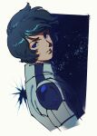  1boy blue_eyes blue_hair crack floating_hair gundam highres kamille_bidan looking_back male_focus mi_(ppeuang1) pilot_suit science_fiction shadow short_hair solo space symbol-only_commentary upper_body zeta_gundam 