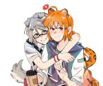  2girls animal_ears blue_eyes blush closed_mouth coffee_cup commentary cup disposable_cup dog_ears dog_girl dog_tail glasses grey_hair grey_shirt hair_ornament hairclip heart highres holding holding_cup holding_hands hug hug_from_behind jacket_around_neck jewelry kemonomimi_mode leopard_ears leopard_girl leopard_tail looking_at_viewer love_live! love_live!_sunshine!! multiple_girls orange_hair parted_lips red_eyes red_wristband ring saki_rkaina shirt short_hair short_sleeves simple_background smile tail takami_chika upper_body watanabe_you white_background wristband yuri 