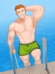  1boy abs absurdres arm_behind_head bara commission dc_comics garbancobean green_eyes green_lantern_(series) green_male_swimwear guy_gardner highres jewelry large_pectorals looking_at_viewer male_focus male_swimwear muscular muscular_male navel nipples orange_hair pectorals pool pool_ladder ring short_hair smile solo teeth thick_thighs thighs topless_male undercut water wet wet_face 