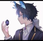  1boy animal_ears black_gemstone black_hair blue_eyes blue_hair cat_boy cat_ears facing_to_the_side fiery_hair floating gem grim_(twisted_wonderland) highres looking_to_the_side multicolored_hair nana_(eegm4275) pale_skin personification school_uniform twisted_wonderland white_background 