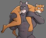  2022 abs anthro bedroom_eyes black_body black_fur blacksad blush brown_body brown_fur butt carrying_over_shoulder carrying_partner domestic_cat duo eye_contact felid feline felis fur green_sclera grey_background hi_res john_blacksad jrjresq least_weasel looking_at_another male male/male mammal muscular muscular_male mustela mustelid musteline narrowed_eyes navel nude seductive simple_background size_difference smile smirk true_musteline weekly white_body white_fur 