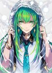  1other androgynous black_choker blue_necktie bracelet choker collared_shirt commentary earrings enkidu_(fate) fate/grand_order fate_(series) green_eyes green_hair hands_up highres hood hood_up jewelry long_hair looking_at_viewer necktie parted_lips pokimari shirt smile upper_body white_shirt 