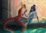  accessory amphibia_(series) amphibian amphibian_humanoid animal_humanoid anthro ariwalter breasts disney female female/female flower flower_in_hair general_yunan genitals hair hair_accessory hi_res humanoid lady_olivia newt plant poolside pussy salamander_(amphibian) sex 