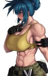  1girl abs armlet bangs bare_shoulders blue_eyes blue_hair breasts camouflage camouflage_pants dog_tags earrings gloves highres jewelry large_breasts lipstick makeup mootium muscular muscular_female navel pants ponytail pouch simple_background solo tank_top the_king_of_fighters the_king_of_fighters_xiv the_king_of_fighters_xv twitter_username white_background yellow_tank_top 