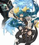  1girl angel_wings armpits asymmetrical_wings belt black_legwear black_panties blue_hair breasts dizzy_(guilty_gear) found_modori green_eyes guilty_gear guilty_gear_xrd hair_ribbon hair_rings highres ice large_breasts long_hair looking_at_viewer midriff monster_girl multiple_girls navel necro_(guilty_gear) open_mouth panties parted_lips red_eyes ribbon simple_background stomach tail tail_ornament tail_ribbon thigh_strap thighhighs thighs twintails underwear undine_(guilty_gear) white_background wide_sleeves wings yellow_ribbon 