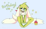  alistorial anthro bell birthday blep breasts collar cupcake digital_media_(artwork) elia_(alistorial) featureless_breasts female food fur green_body green_eyes green_fur legendary_pok&eacute;mon mammal nintendo paws pok&eacute;mon pok&eacute;mon_(species) shaymin simple_background sitting sky_forme_shaymin solo tongue tongue_out video_games watermark white_body 