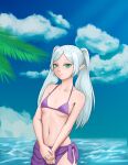  1girl absurdres bikini blue_sky blurry blurry_background breasts cloud collarbone covered_nipples cowboy_shot day earrings elf frieren green_eyes highres horizon jewelry long_hair looking_at_viewer micro_bikini navel ocean own_hands_together pointy_ears purple_bikini sarong sidelocks sky smaragdus smile solo sousou_no_frieren string_bikini swimsuit twintails underboob water white_hair 