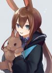  1girl 99noe_honoka :d amiya_(arknights) animal animal_ears arknights black_jacket blue_eyes brown_hair bunny grey_background highres holding holding_animal jacket long_hair long_sleeves looking_at_viewer open_mouth ponytail rabbit_ears rabbit_girl rabbit_tail simple_background smile solo tail 